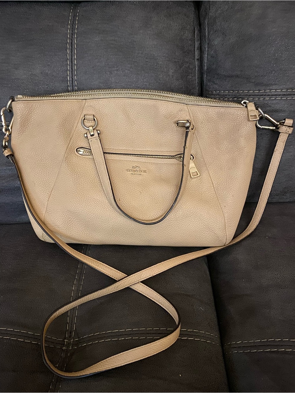Coach Pebbled Leather Crossbody Tote in Beige